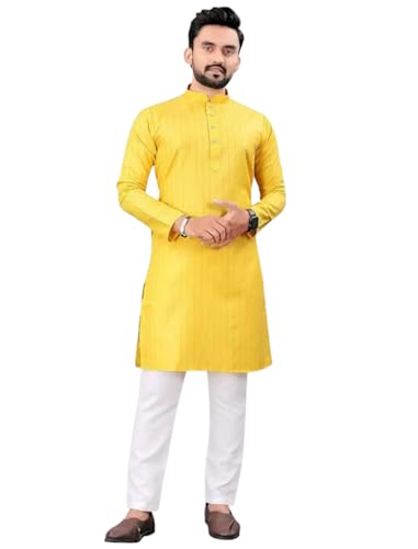 Image of FASHION GALLERY Men's Solid Pattern Polycotton Kurta with Long Sleeve Round Neck Knee Length and Pull On Closure Type|Men Kurta Pajama Set