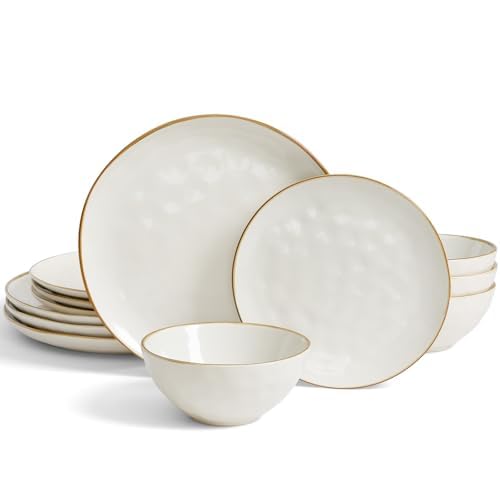 Richmount Dinnerware Sets for 4, Ocean Round 12-Piece Kitchen Plates and Bowls Sets, Microwave and Dishwasher Safe, Scratch Resistant, Vanilla White by Richmount - Used condition - CA$43.76