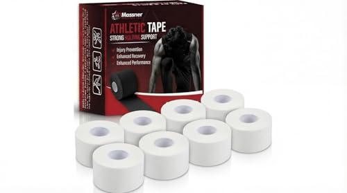 Massner Athletic Tape White 1.5" x 45ft Per Roll (360ft Total) Pack of 8 – Strong Sports Tape for Wrists, Ankles & Hands – Latex-Free Gym Tape for Training, Football, Running & Weightlifting Recovery