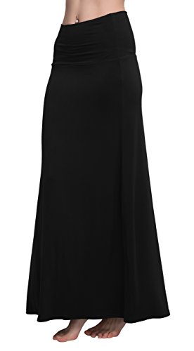 Urban Coco Women's Stylish Spandex Comfy Fold-Over Flare Long Maxi Skirt(L, Black) #TOP2