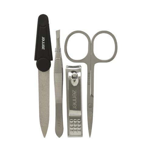Zenner Kit de Manucure – Ensemble de 4 Outils avec Ciseaux, Coupe-Ongles, Pince à Épiler et Lime Saphir – Outils en Acier Inoxydable avec Étui – Format Compact pour Voyage ou Usage Quotidien