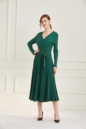 Image of Women's Long Knit Crewneck Sweater Dress Tie Waist A-Line Swing Pleated Bodycon