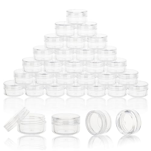 50 Count 3 Gram Sample Containers, Clear Lip Balm Containers with Lids, Small Plastic Sample Jars with 4 Mini Spoons, 50pcs Labels (Clear Lid)
