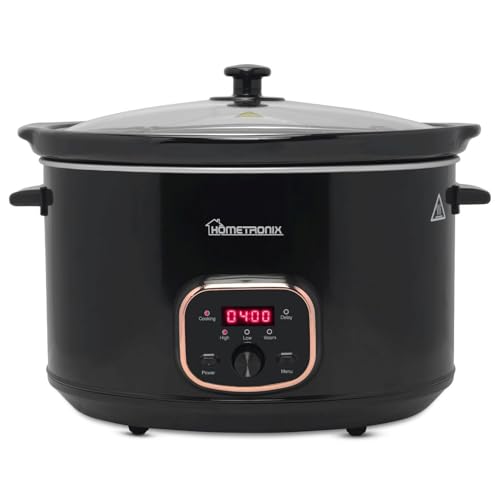 HomeTronix Premium Digital Slow Cooker 8L Large Capacity Programmable Timer & Delay Start 3 Heat Settings High Low Keep Warm Removable Ceramic Bowl Glass Lid Steam Grill for Family Black
