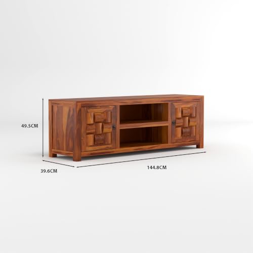 Image of Solid Sheesham Wood Entertainment TV Unit with 2 Door | Rosewood Tv Stand /TV Cabinet for Living Room | Bedroom | Wooden TV Panel with Shelf Stoarge | TV Table