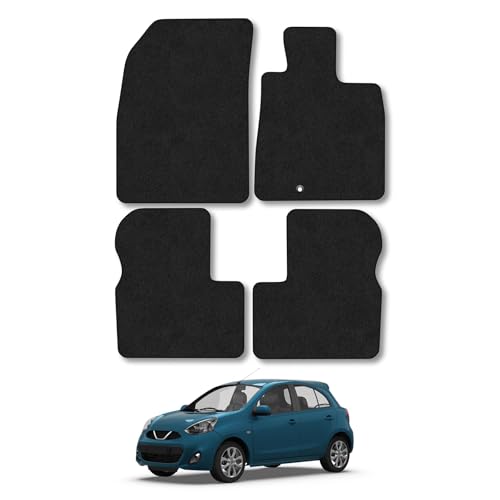 Image of Nissan Micra (2010-2017) Car Mats Accessories Tailored Fit Carpet Floor Mats Non Slip Black Trim Full Coverage Compatible Accessory Front Rear Set Anti Slip Granulated Backing Hand-Finished Clips