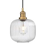 Pathson Modern Pendant Light Fixture Striped Globe Glass, Adjustable Textile Cord Hanging Lighting, Hardwired Pendant Lamp Decor for Dining Room Hotels Living Room Bedroom Kitchen