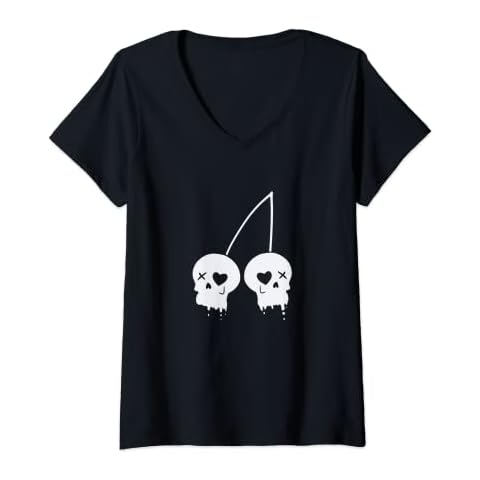 Womens White Cherry Skull Yami Kawaii Goth Lolita Fashion V-Neck T-Shirt Cover