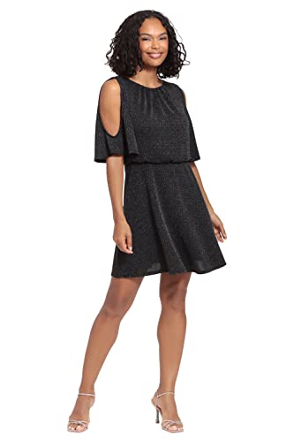 London Times Women's Petite Long Sleeve Occasion Guest Of Sparkle Shimmer Knit Cold Shoulder Short Blouson Dress, Black, Medium #TOP1