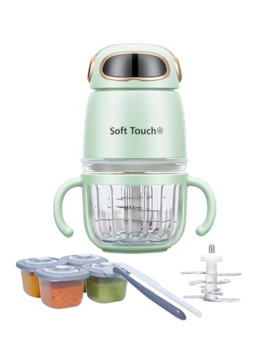 Soft Touch 300ml Portable Baby Food Maker Baby Food Processor with 2 Stainless Steel Blades Glass Bowl Mini Baby Puree Blender for Fruit Vegetables & Meat Baby Food Storage Containers