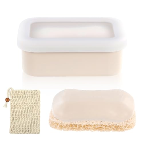 KUAOOAUK Travel Soap Case, Leak Proof Silicone Soap Dish, Portable Bar Box with Draining Layer, Shatterproof Soaps Holder for Bathroom Camping Gym (Beige) (Large)