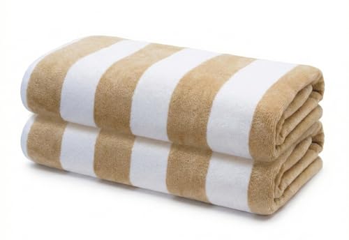 9Threads Premium Velour Cabana Beach Towel 2 Pack, 30” x 60” Soft Plush Cotton Pool Towel, Absorbent Quick Dry Towel for Beach and Pool (White Beige)