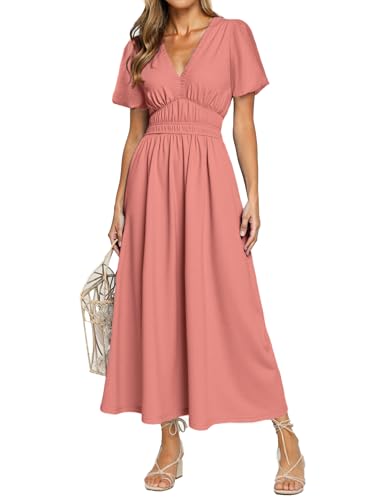 Image of Simplee Women's Summer Flowy Midi Dress Casual V Neck Short Sleeve Empire Waist Boho Beach Dress Wedding Guest Maxi Dress