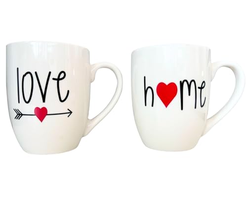 Coppia Tazze in Porcellana per Colazione o Merenda Capacità 360 ml Idea Regalo Coppia Anniversario Lavabile in Lavastoviglie Utilizzabile in Microonde Mod. Scritte Cuore Home & Love