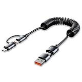 Cargador de coche 4 en 1, cable en espiral, cable de carga rápida USB C retráctil con conector iOS y adaptador micro USB, cable de datos multifuncional de 1,5 m para smartphone y tableta, compatible