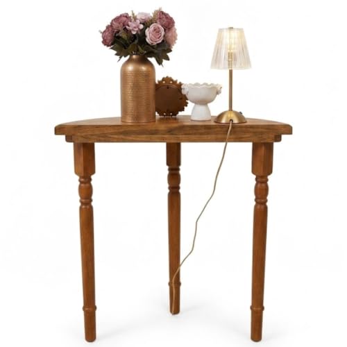 Image of Half Moon Console Table with Storage | Narrow Wooden Entryway Accent Table | Solid Semi-Circle Design for Living Room, Hallway, Foyer, Entrance Dark Teak Finish Small Size (70cm /27.5in)