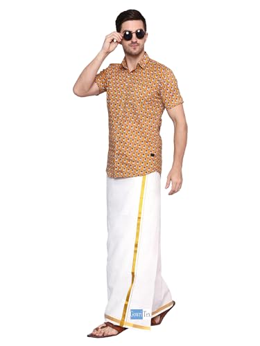 Gowri Tex Men's Cotton Dhoti with Golden Jari Border (White , Free Size)