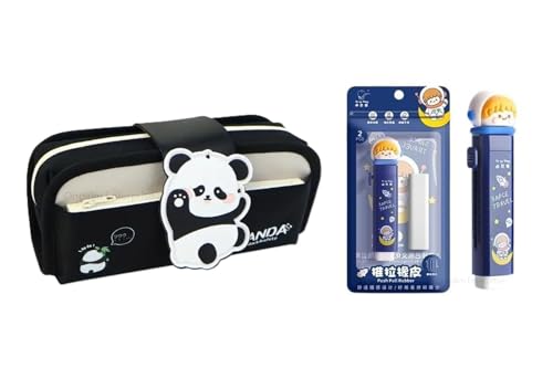 Image of Kawaii Cute Pencil Pouch with Push Pull Eraser Set for Kids,Premium Canvas Zipper Stationery Organizer Box with Cartoon Design | School Supplies Gift Combo for Boys & Girls (Black Panda + Eraser)