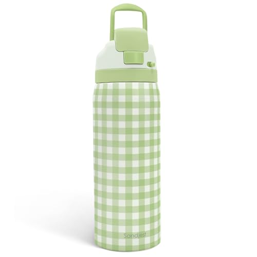 Image of Gingham Pattern Insulated Stainless Steel Water Bottle with Straw, Push-Button Lid, 32 Ounce, Gifts for Women Girls Friends Teens Birthday Christmas (Green)
