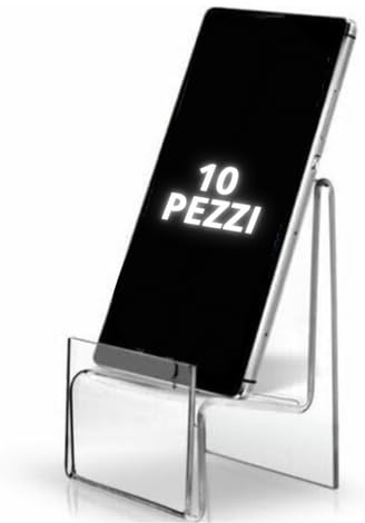 Immagine prodotto: 10 Espositori per cellulari, supporto, porta cellulare in plexiglass, per smartphone di nuova generazione, da vetrina trasparente con porta prezzo frontale