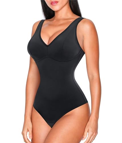 Nebility Women Waist Trainer Shapewear Slim Body Shaper Deep V Neck Thong Bodysuit Tummy Control Jumpsuit Tops (M, Black)