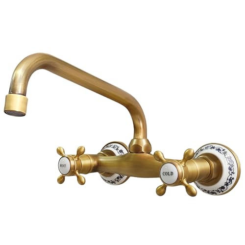 KOPYFANTAP Robinet Cuisine Mural en Laiton Brossé, Mitigeur Mural Évier Double Poignée en Bronze Antique, Pivotant à 360° Rétro Robinet Mélangeur Lavabo...