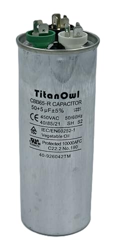 50+5 uF ±5% 50/5 MFD 370/450 VAC CBB65 Dual Run Start Round Capacitor for Condenser Straight Cool, Heat Pump, Air Conditioner or AC Motor and Fan Starting 50 5