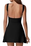 QINSEN Womens Open Back Tennis Dress Sleeveless Built in Shorts Golf Athletic Dress with Pockets Black S