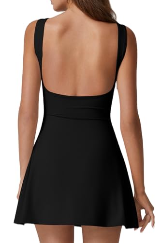 QINSEN Womens Open Back Tennis Dress Sleeveless Built in Shorts Golf Athletic Dress with Pockets