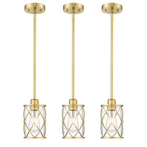 Osimir Brushed Gold Pendant Lights Kitchen Island 3 Pack, Glass Kitchen Pendant Lighting Over Island with Rod, Modern Mini Hanging Light for Kitchen Sink Dining Room, CH9176BG-3PK