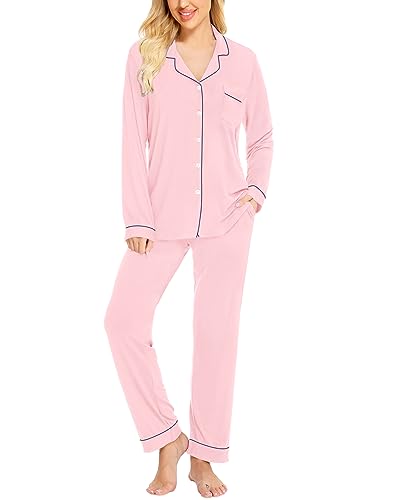 Image of SWOMOG Womens Pajamas Set Long Sleeve Sleepwear Button Down Nightwear Soft Cotton Pj Lounge Sets