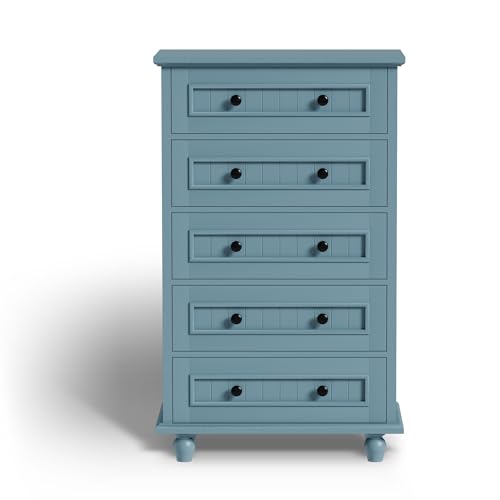 Image of 42.7'' Tall 5 Drawer Dresser for Bedroom, Vintage Blue Wood Storage Chest | Farmhouse Dresser for Closet, Wood Storage Cabinet, Antique Roman Column Legs, Painted Finish, Easy Assembly, Anti Tipping