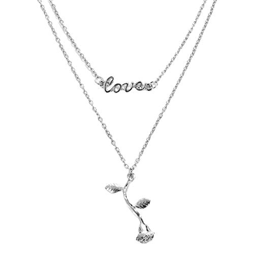 Preisvergleich Produktbild Liebe Rose Anhänger Doppelkette Mehrschichtige Schlüsselbeinkette (Silber)