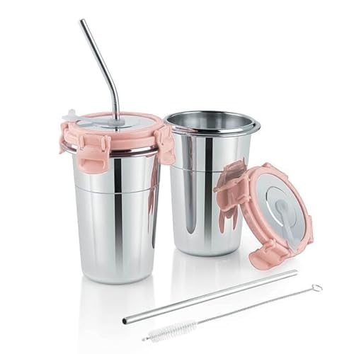 Image of TOFEE Stainless Steel Tumbler with Lid, Straw & Cleaning Brush (Each 400ml) Leakproof Travel Cup, Reusable & Durable, Sippy Cups for Home, Office & Outdoors (2, Pink)
