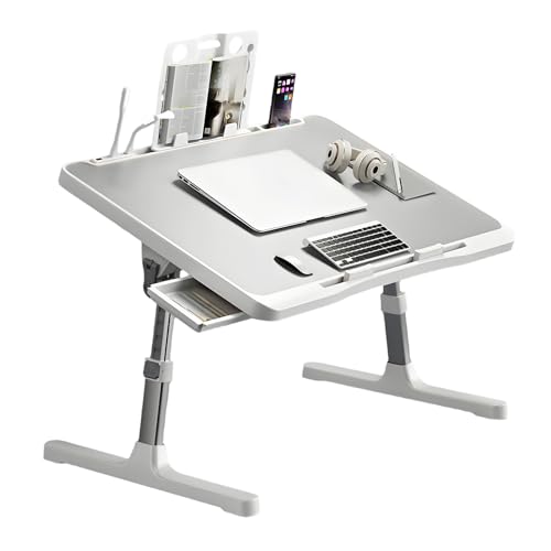 Mesa para PortáTil, Bandeja De Cama Ajustable En Altura Mesita De Noche Plegable con CajóN Estante LáMpara De Escritorio USB Y Ventilador para Cama Sofá Suelo 60 X 40 Cm