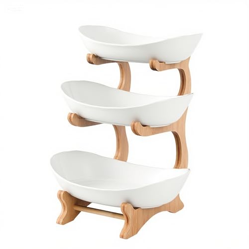 Soporte de Frutas de 3 Niveles con Cuencos Blancos, Organizador de Cocina Elegante para Aperitivos y Decoración, Estructura Estable de Bambú Soporte de Frutas de 3 Niveles con Cuencos Blancos, Organizador de Cocina Elegante para Aperitivos y Decoración, Estructura Estable de Bambú