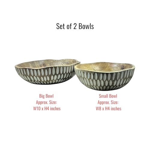 Image of POSHIO Wooden Bowls for Serving Fruit Salad, Set of 2 | Serving Wooden Bowls with Food Grade Coatings | Stylish Irregular Shaped Handcrafted Bowls for Table Decor