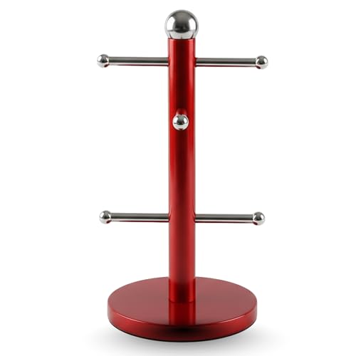 Mug Hanger Stand Tea Coffee Cup Holder with 6 Hooks | Modern Red Mug Tree for Kitchen Storage and Organization | Durable Stainless Steel Countertop Rack | Space-Saving Cup Organizer - Red