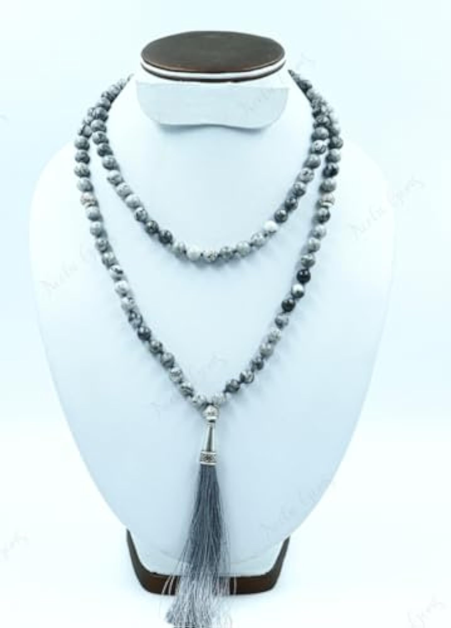 Natural Gray Map Jasper Beaded Prayer Mala Necklace
