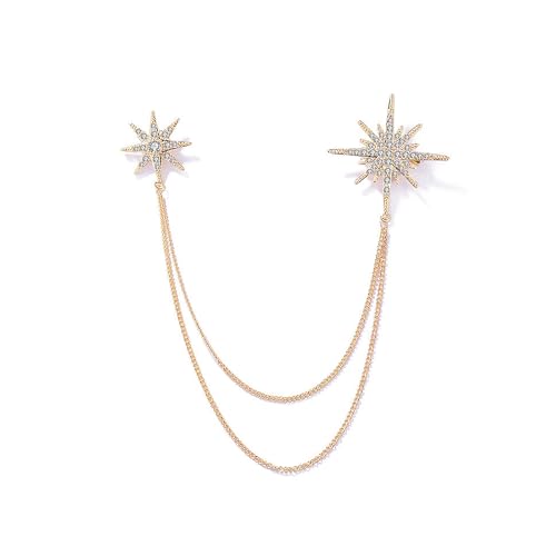 Gold Crystal Star Chain Tassel Brooch Pin for Women Men,Glitter Rhinestone Lapel Pins Dress Suit Accessories,Silver Wedding Anniversary Fringe Brooch (Gold)