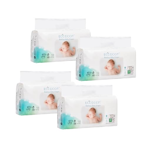ECOBOOM - Pañal Ecológico de BAMBÚ Eco Boom. 70% Biodegradable, Hipoalergénico (TALLA 1/NB, < 3KG, PACK 4 BOLSAS, TOTAL 136 PAÑALES)
