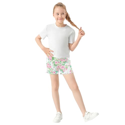 Girls Athletic Floral Print Lounge Shorts Pink Roses Green Leaves Kids Summer Comfy Pajamas Shorts, X-Small2
