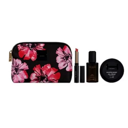 Image of Ted B. Women's Floral Cosmetic Gift Set, Black Makeup Bag with Pink Flowers, Travel Beauty Kit with Lipstick and Body Care Products