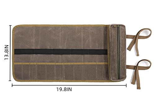 Tool Bag, Heavy Duty 16Oz Waxed Canvas Wrench Roll Up Pouch 10-Piece(6-19Mm) And 1 Zipper Pocket, Multi-Purpose Tool Organize Bag With 2 Wrap Straps (Grey) #TOP1