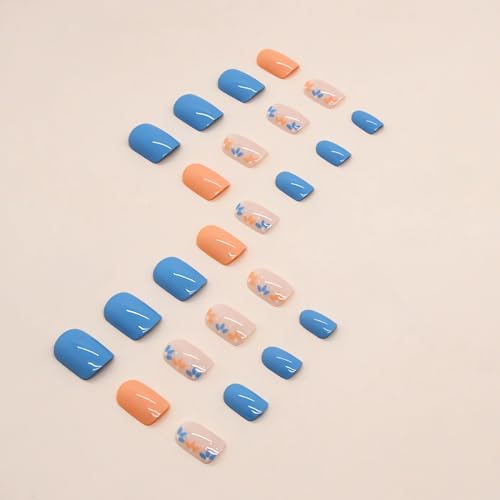 Flower Press on Short Nails Square Flowers Fake Nails Small Flower Glue on Nails Full Cover Stick on Nails with Spring Summer Design Acrylic False Nails DIY Nails Press ons for Women Girls 24Pcs - Image 4
