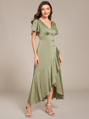 Image of Ever-Pretty Women's V Neck Satin Short Sleeves Ruffle Hi-Lo Midi Bridesmaid Dress 02336
