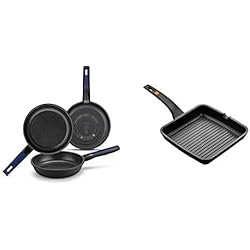 Sartenes Bra Advanced BRA Advanced Lote de sartenes 20-24-28 cm, aluminio fundido con antiadherente + Efficient - Grill Asador con Rayas, Aluminio Fundido con Antiadherente Platinum Plus, Libre de PFOA, Negro, 28 x 28 cm