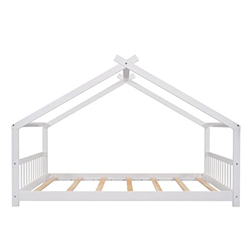 Full House Beds White Montessori Bed Wood Frame Kids Platform Bed With Headboard & Footboard For Children Boys Girls Teens #TOP3
