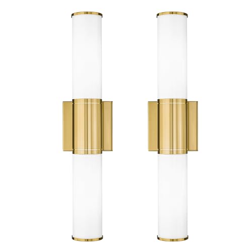 METWET Bathroom Light Fixtures Set of 2, 2 Light Vanity Lights for Mirror with Milk Glass Shade, Up and Down Wall Sconces for Bathroom Bedroom Hallway, Brushed Gold, VL834-BG-ML-2PK