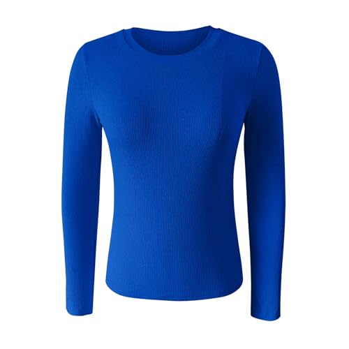 Blusa de forro polar para mujer, cuello redondo, sin botones, de manga larga, para entrenamiento, color liso, camiseta básica, elástica, ligera, para mujer, azul, M